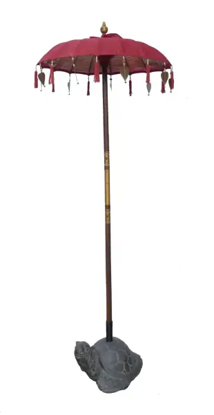 Product image 1 of the product “Bali umbrella, Red with wooden coins and gold leaves hanging around the edge. Approx. 100cm dia. and 250cm height ”